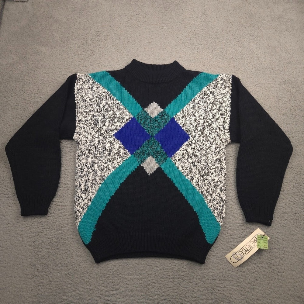 Vtg Pretence Plus 18W/38 Sweater NWT Black Teal Geometric Acrylic Macau